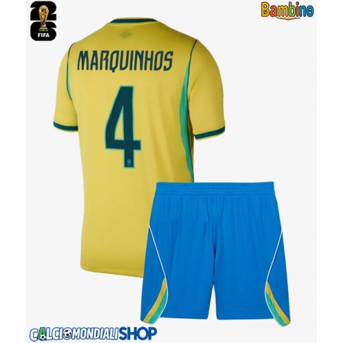Maglie da calcio Brasile Marquinhos #4 Prima Maglia Bambino Mondiali 2026  Manica Corta + Pantaloni corti)